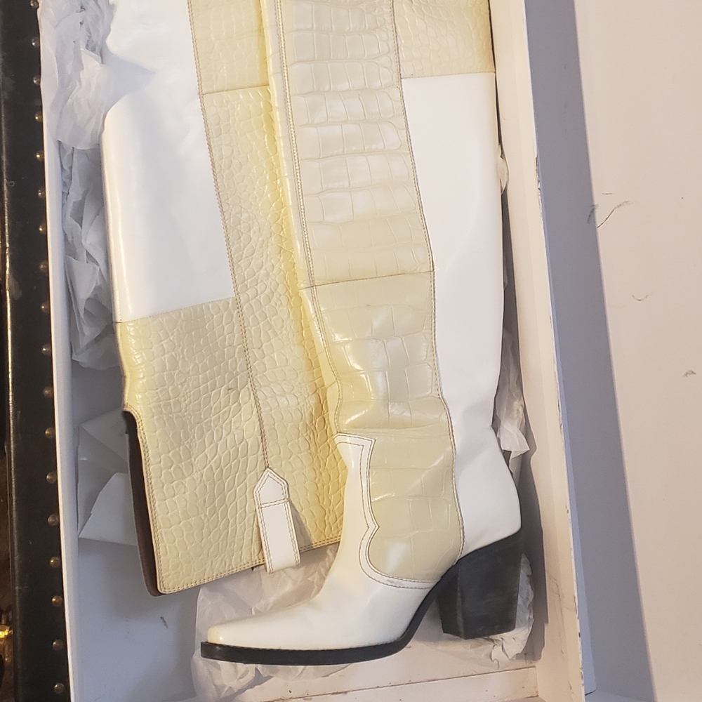 GANNI Nadine Croc two tone over the knee thigh boots white cream western cowgirl